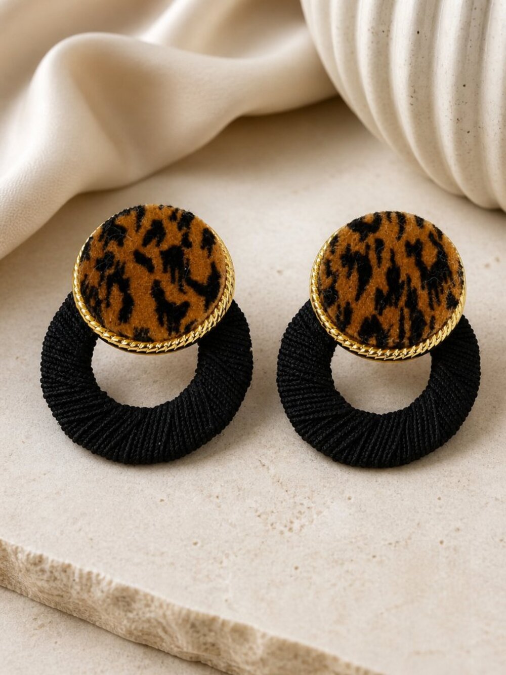 Vintage 1980s Bold Leopard Print Statement Earrings Black Gold Hoop Retro Glam